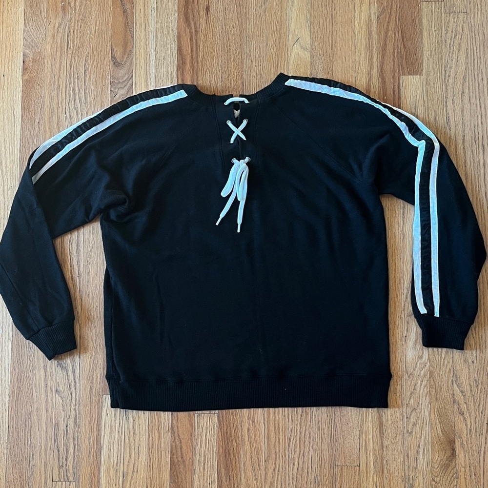 Monrow Black Lace-up Back Sweater with White Stripes down Arms - Picture 5 of 7